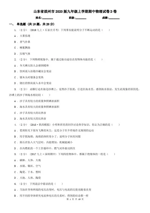 山东省滨州市2020版九年级上学期期中物理试卷D卷