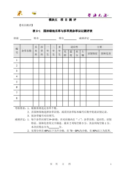 园林植物识别与应用  习题--11模块五(项目十三、十四)测评表与综合课业题库