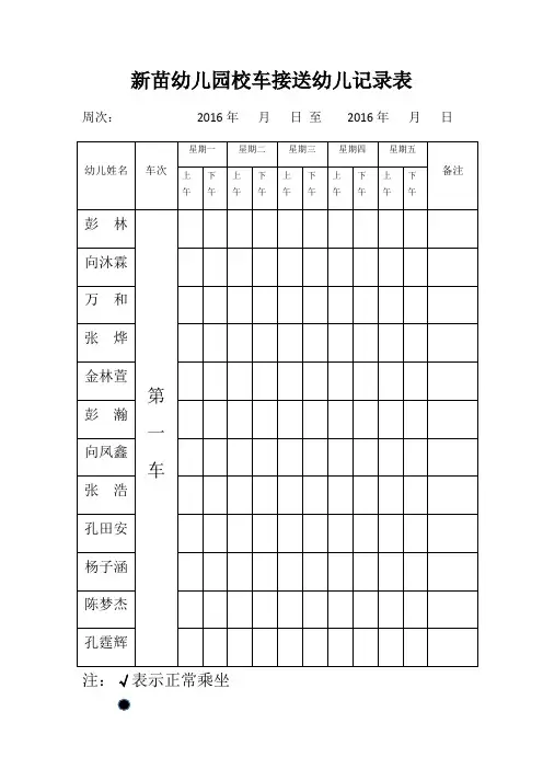 新苗幼儿园校车接送幼儿记录表