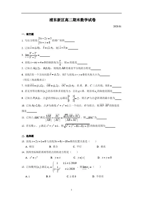 2019-2020学年上海浦东新区高二上学期数学期末试卷