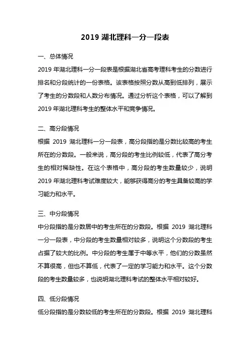 2019湖北理科一分一段表