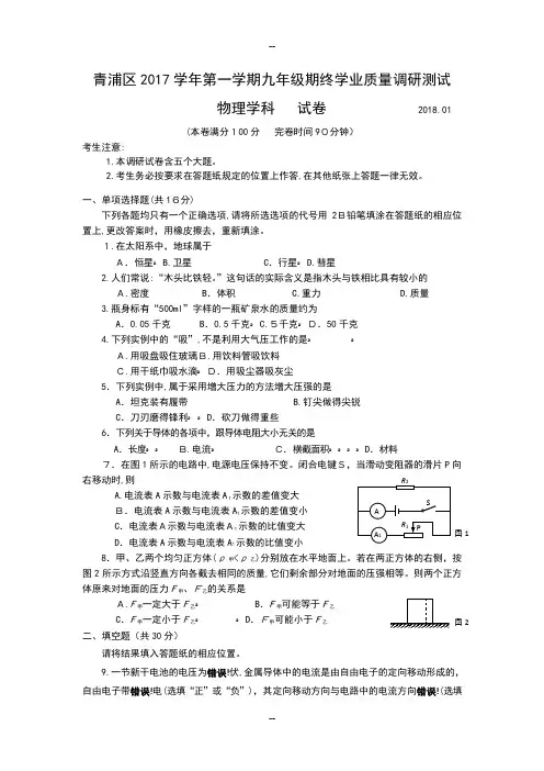 上海市青浦区年九年级物理一模试题(WORD版)