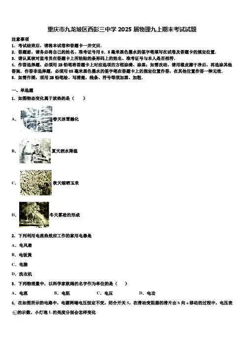 重庆市九龙坡区西彭三中学2025届物理九上期末考试试题含解析