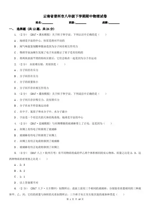 云南省普洱市八年级下学期期中物理试卷