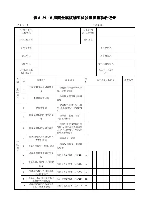 屋面金属板铺装检验批质量验收记录