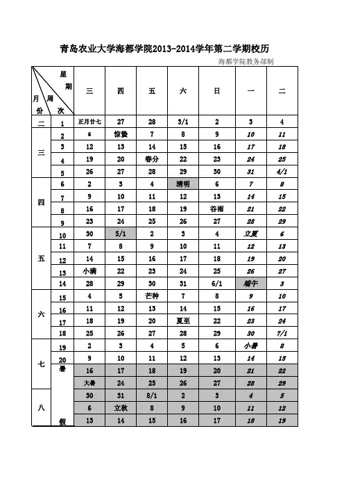 青岛农业大学海都学院2013-2014校历