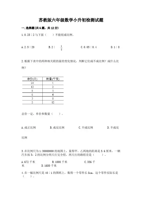 苏教版六年级数学小升初检测试题带答案(完整版)