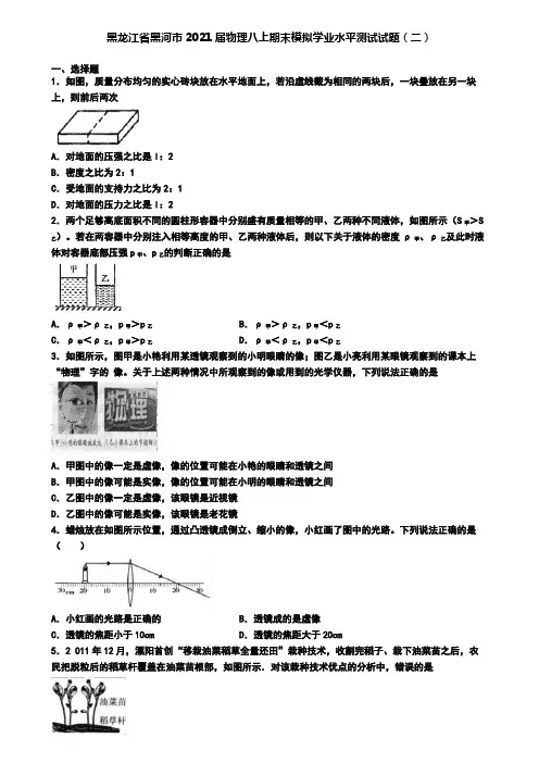 黑龙江省黑河市2021届物理八上期末模拟学业水平测试试题(二)