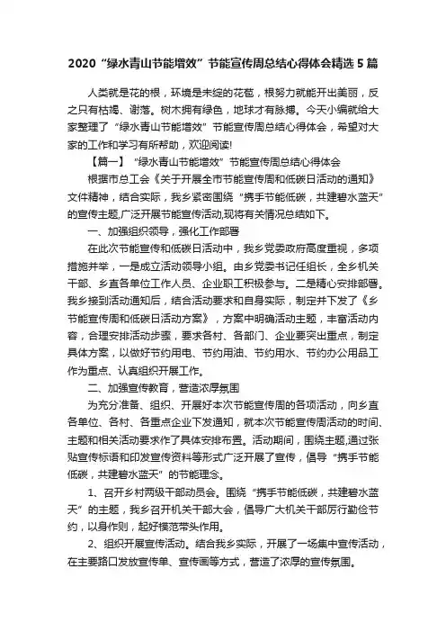 2020“绿水青山节能增效”节能宣传周总结心得体会精选5篇
