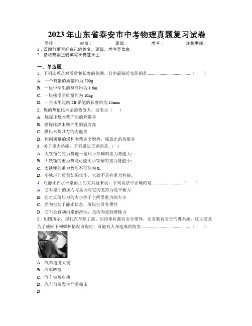 2023年山东省泰安市中考物理真题复习试卷及解析