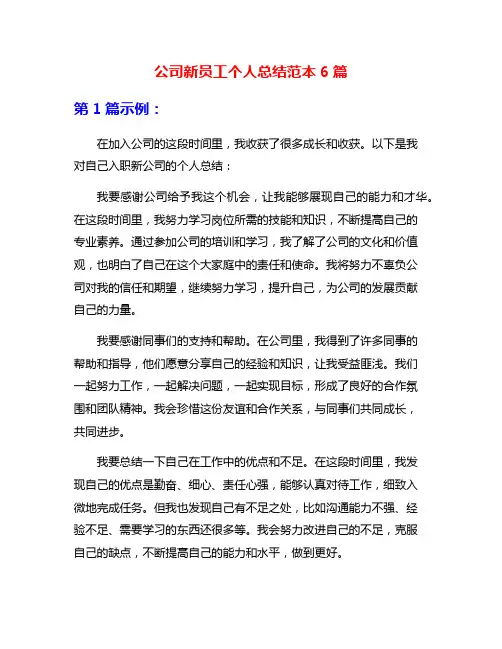 公司新员工个人总结范本6篇