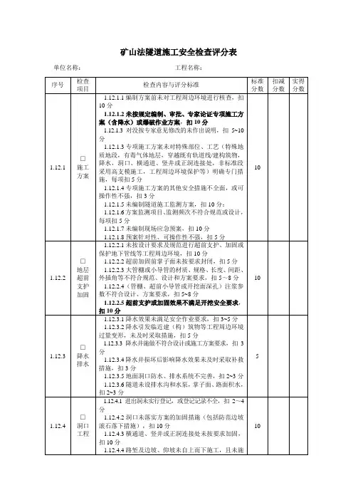 矿山法隧道施工安全检查评分表 矿山法隧道施工安全检查表