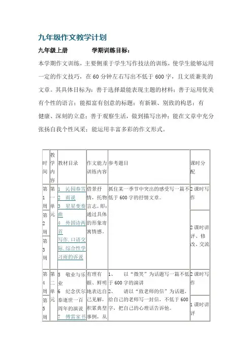 人教版九年级上语文教学计划-作文计划