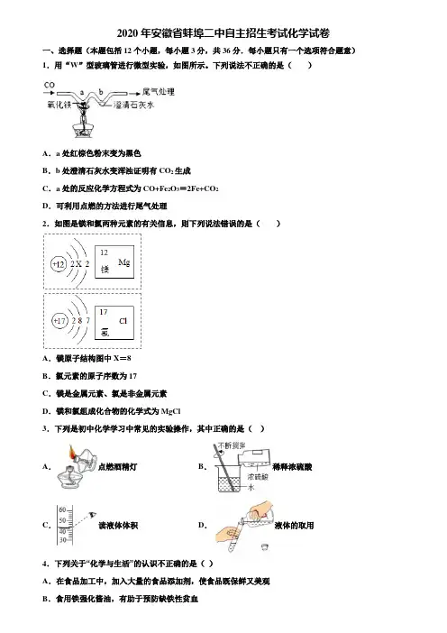 【附20套中考模拟试卷】2020年安徽省蚌埠二中自主招生考试化学试卷含解析
