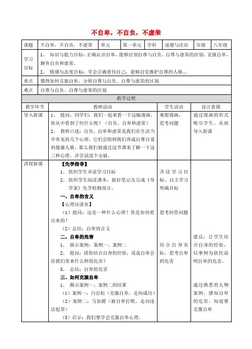 2017秋八年级道德与法治上册 第一单元 做人之本 1.1 自尊自爱 第3框 不自卑,不自负,不虚荣