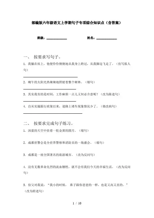 部编版六年级语文上学期句子专项综合知识点(含答案)