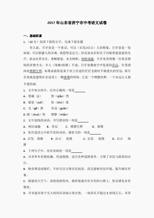 九年级语文下册(人教版)课件-2017年山东省济宁市中考语文试卷