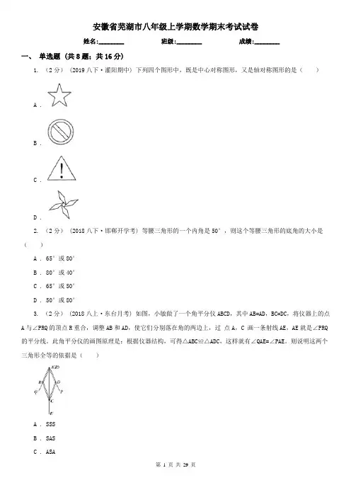 安徽省芜湖市八年级上学期数学期末考试试卷