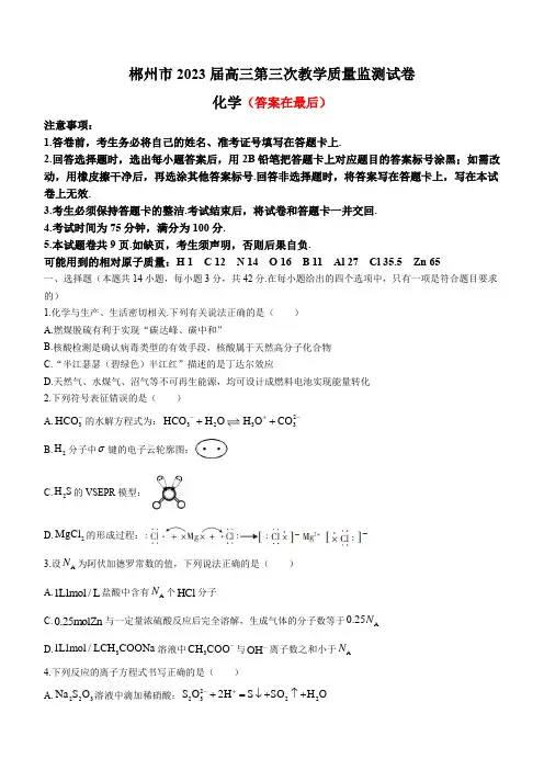 湖南省郴州市2022-2023学年高三下学期三模化学试题含答案
