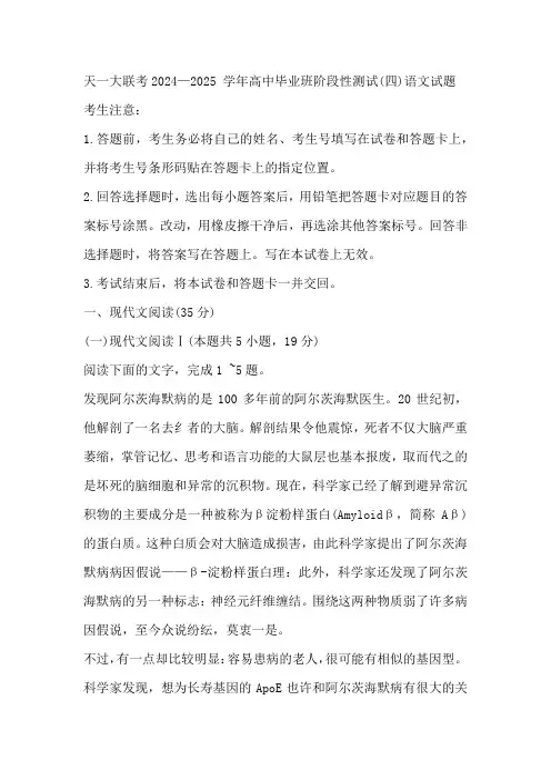 天一大联考2024-2025学年高三上学期阶段性测试(四)语文试题(含答案)