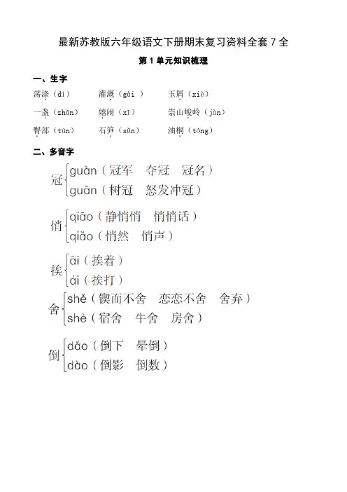 最新苏教版六年级语文下册期末复习资料全套7全