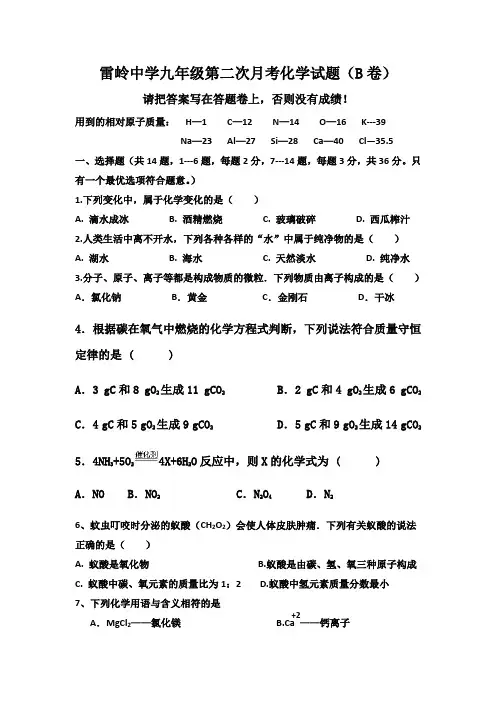 广东省潮阳市雷岭中学2013届九年级第二次月考化学试题(B卷)