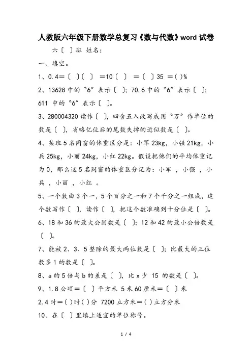 人教版六年级下册数学总复习《数与代数》word试卷