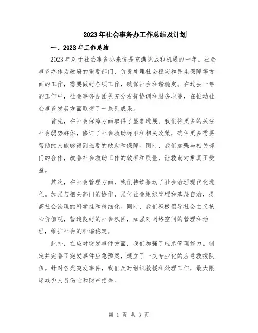 2023年社会事务办工作总结及计划