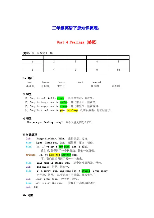 2020春三年级英语下册Unit4Feelings单元知识梳理剑桥版