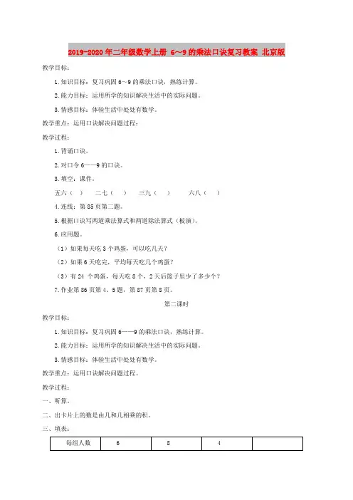 2019-2020年二年级数学上册 6～9的乘法口诀复习教案 北京版