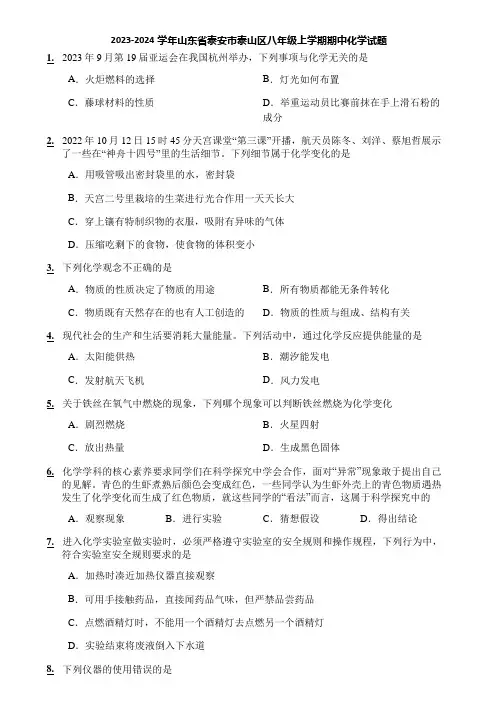 2023-2024学年山东省泰安市泰山区八年级上学期期中化学试题