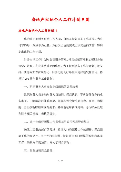 房地产出纳个人工作计划9篇