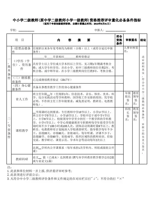 中小学二级教师(原中学二级教师小学一级教师)资格量化评审必备条件指标