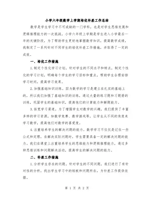 小学六年级数学上学期培优补差工作总结
