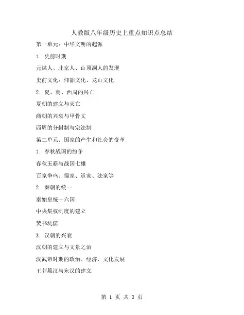 人教版八年级历史上重点知识点总结