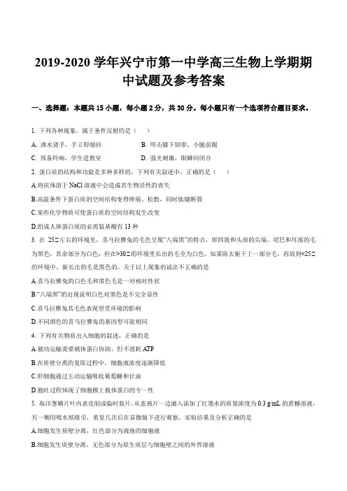 2019-2020学年兴宁市第一中学高三生物上学期期中试题及参考答案