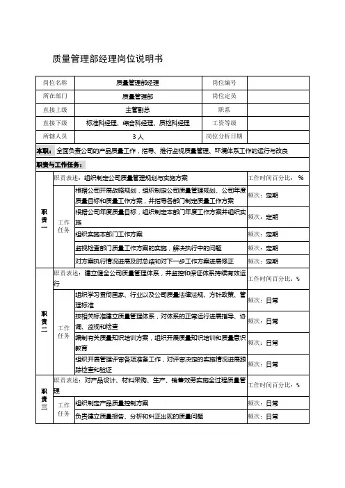 制鞋企业质量管理部经理岗位说明书