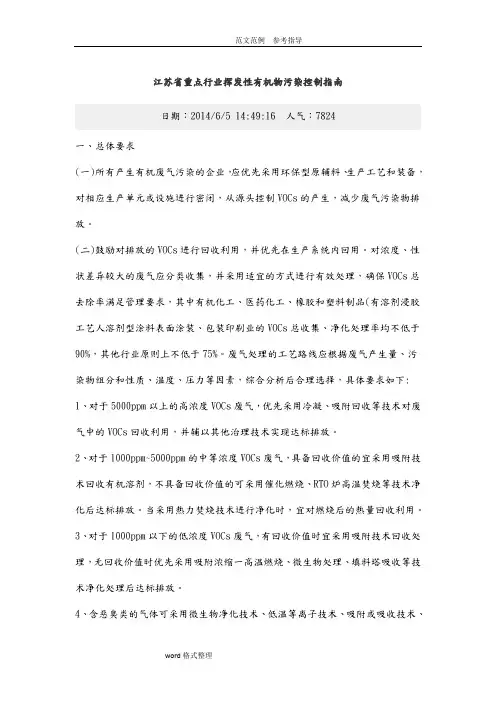 江苏重点行业挥发性有机物污染控制指南