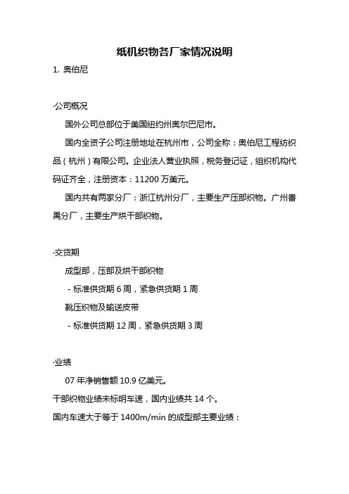纸机织物各厂家情况说明
