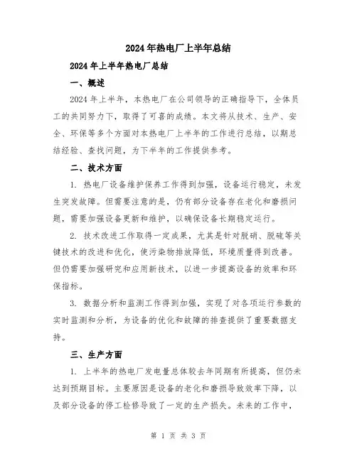 2024年热电厂上半年总结
