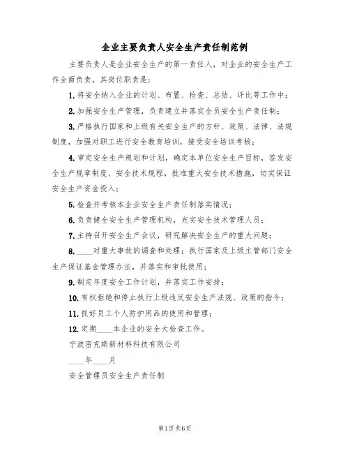 企业主要负责人安全生产责任制范例（2篇）