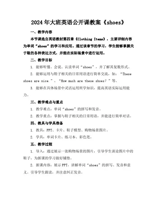 2024年大班英语公开课教案《shoes》