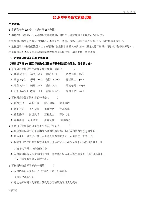 2019年中考语文真题试题(含答案)新 人教版