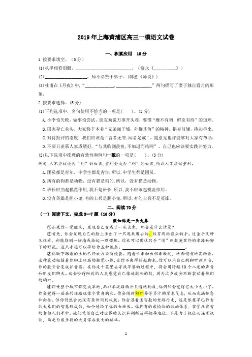 2019年上海黄浦区高三一模语文试卷(附答案)