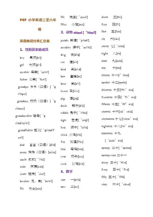 新人教版PEP小学英语三至六年级英语单词分类汇总表