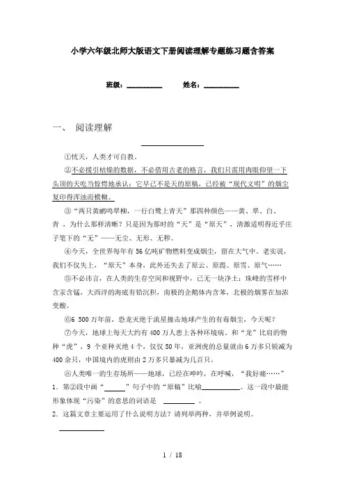 小学六年级北师大版语文下册阅读理解专题练习题含答案