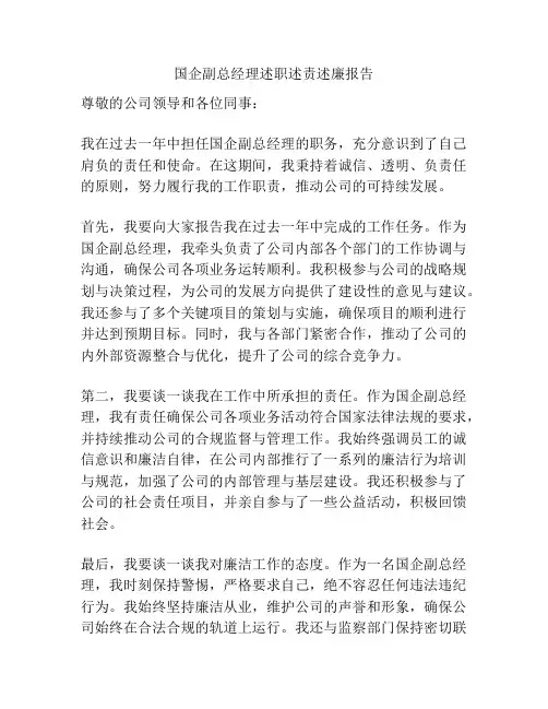 国企副总经理述职述责述廉报告
