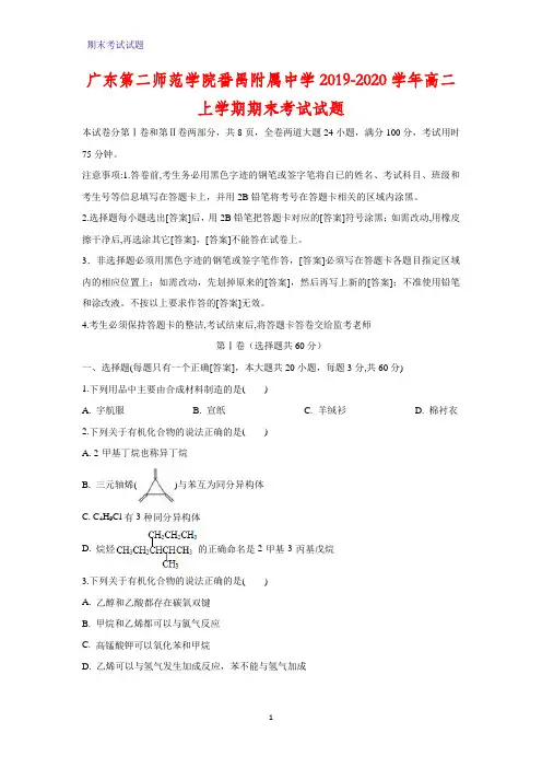 2019-2020学年广东第二师范学院番禺附属中学高二上学期期末考试化学试题