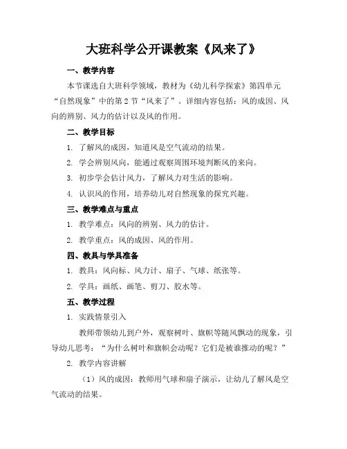 大班科学公开课教案《风来了》(1)