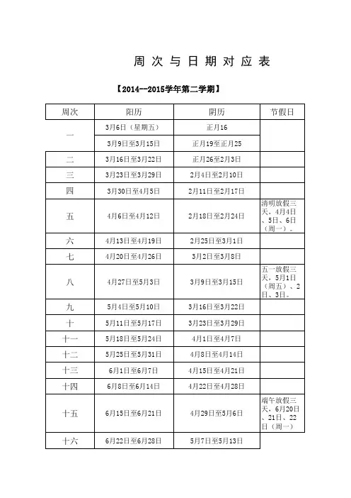 2014-2015学年度第二学期时间对应表(1)